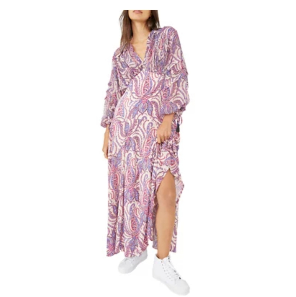 Free PeopleMirage Paisley Printed V-Neck Long Blouson Sheer Sleeve Empire Maxi 4